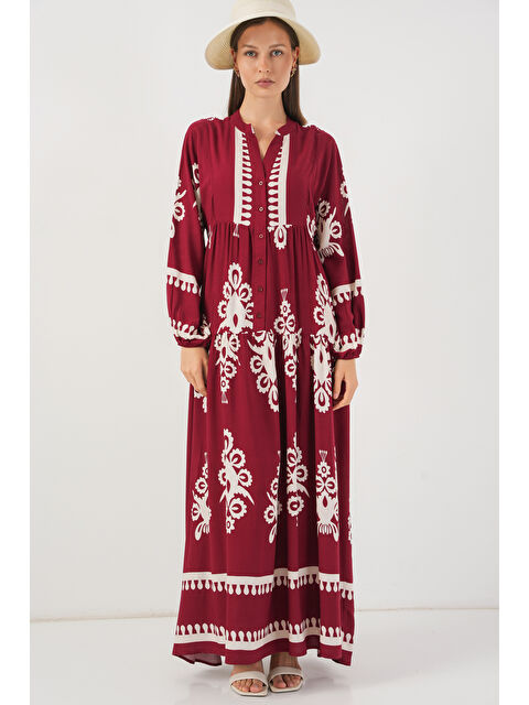 Bigdart Kadın Desenli Uzun Tesettür Elbise 2585 - A.Bordo - S000407394-20624