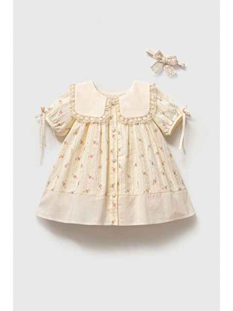 Cantoy Dantel Yakalı Çiçekli Kız Bebek Elbise Ve Bandana Takımı - S000527963-19965