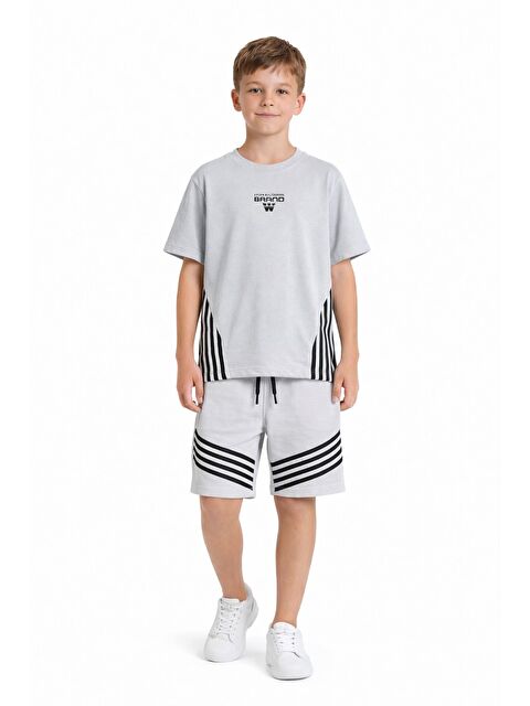 Cansın Mini Gri Şerit Desenli Logolu Tişörtlü Erkek Çocuk Şortlu Takım 23781