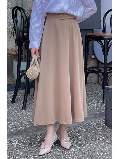 Lamelif Kemer Detaylı Kloş Etek Sütlü Kahve - S000517817-4280
