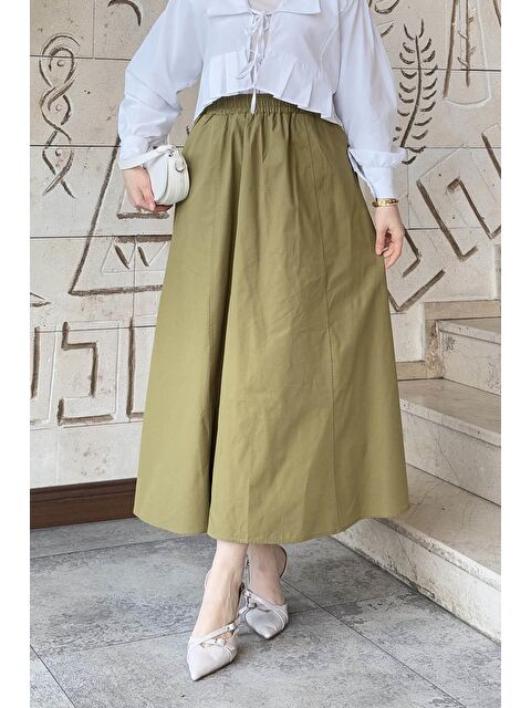 Lamelif Kloş Tesettür Etek Haki