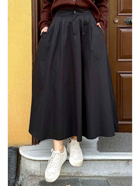 Lamelif Cep Detaylı Kloş Keten Etek Siyah - S000517818-19351