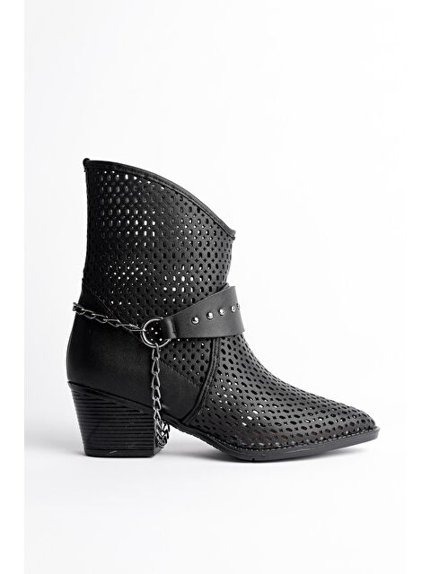 Muggo BURNİNG Kadın Lazer Kesim Zincir Detaylı Delikli Kovboy Yazlık Topuklu Festival Bot - S000160186-19351