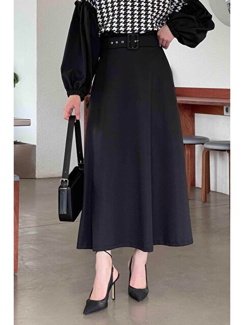 Lamelif Kemer Detaylı Kloş Etek Siyah - S000517817-19351