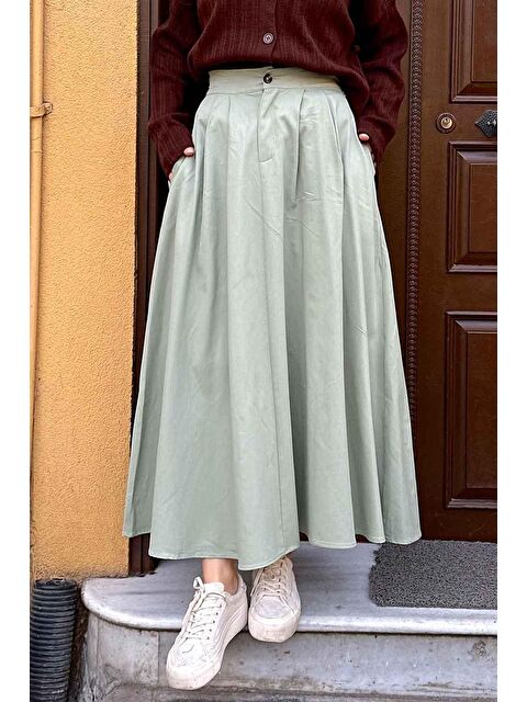 Lamelif Cep Detaylı Kloş Keten Etek Mint Yeşili - S000517818-1180