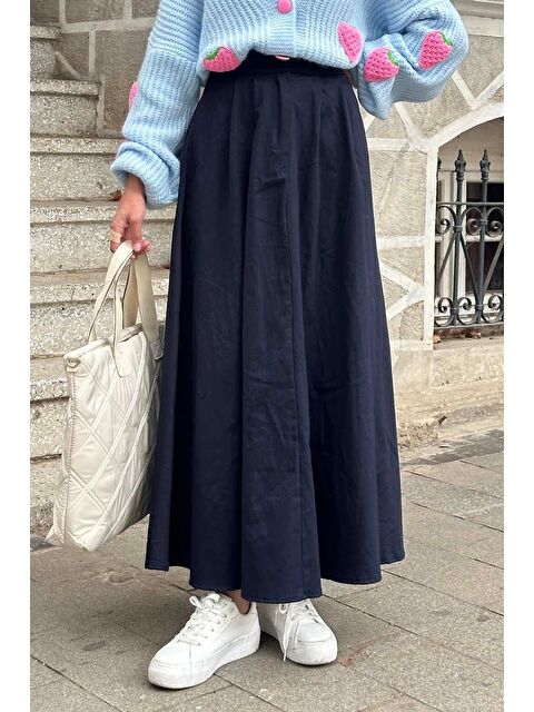 Lamelif Cep Detaylı Kloş Keten Etek Lacivert - S000517818-21164