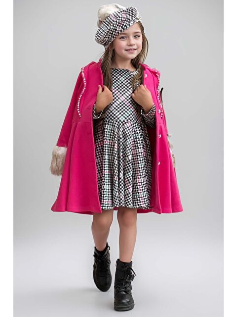 Riccotarz Kız Çocuk Kazayağı Desen Elbise Kolları Pelüş ve Omuzları İnci İşleme Kemerli Fuşya Kaşe Kaban - S000305205-18686