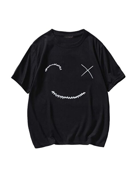 Trendseninle Oversize Gülen Yüz Baskılı Siyah Tişört - S000116428-19351