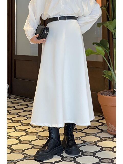 Lamelif Scuba Kumaş Kloş Etek Beyaz - S000517821-20063