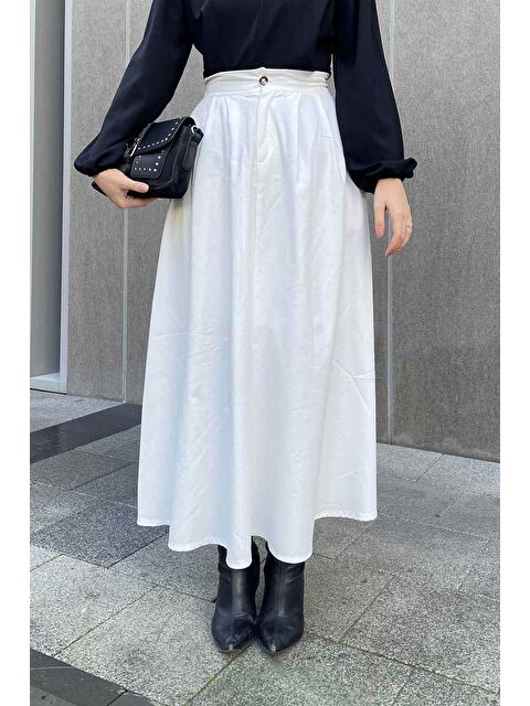 Lamelif Cep Detaylı Kloş Keten Etek Beyaz