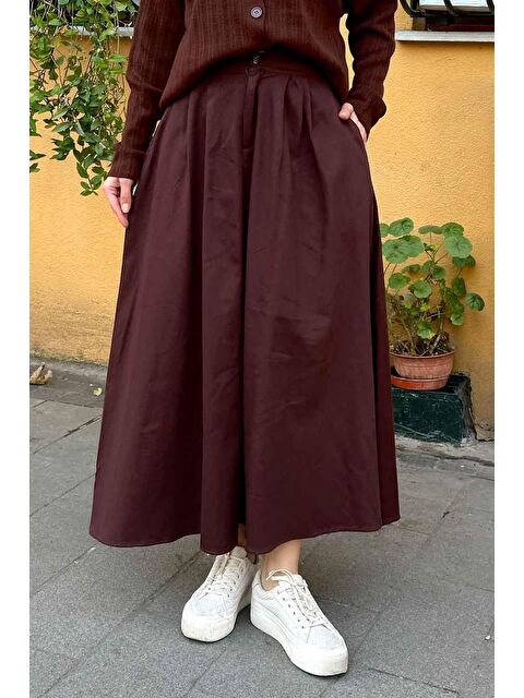 Lamelif Cep Detaylı Kloş Keten Etek Acı Kahverengi - S000517818-28102