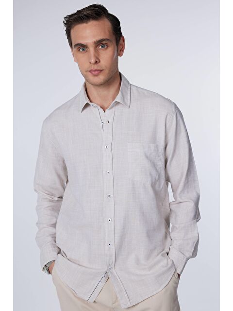 TUDORS Klasik Fit Uzun Kollu Keten Düz Yeşil Erkek Gömlek