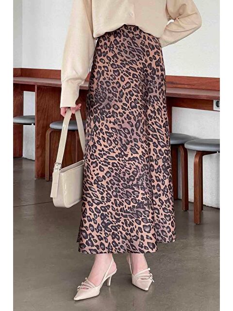 Lamelif Saten Pamuklu Leopar Etek Acı Kahverengi
