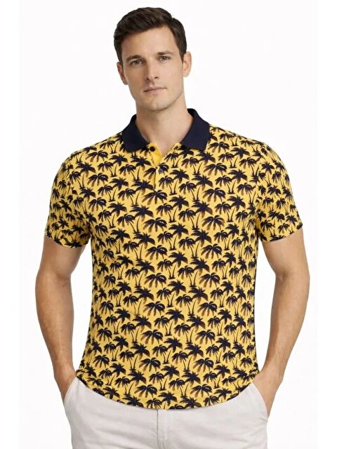 Jane's Erkek Pike Kumaş Polo Yaka Palmiye Desenli Tişört