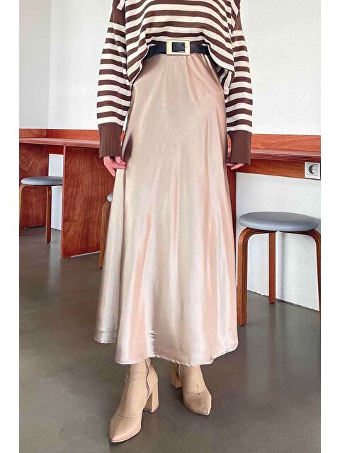 Lamelif Düz Saten Çan Etek Vizonrengi