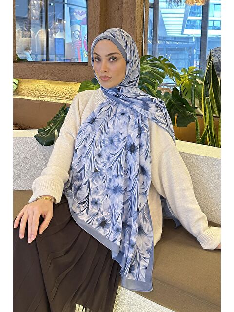 Lamelif Daisy Flowers Desen Soft Pamuk Şal Mavi - S000529732-17234
