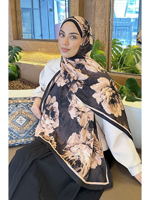 Lamelif Flower Desen Bambu Şal Acı Kahverengi - S000529580-28102