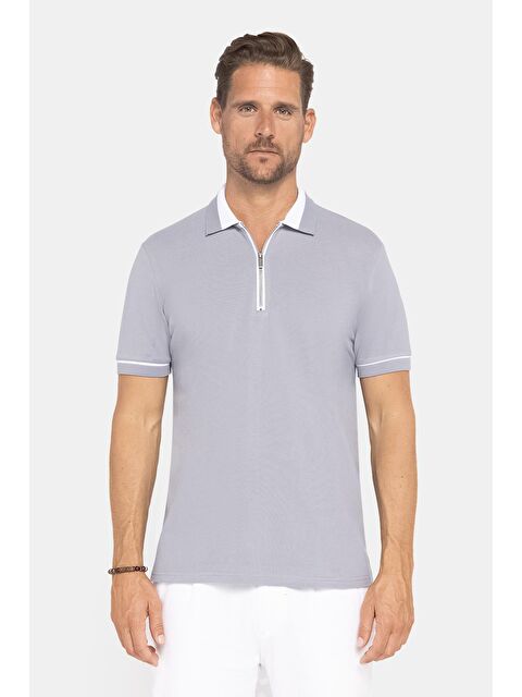 TUDORS Erkek Slim Fit Dar Kesim %100 Pamuk Düz Pike Fermuarlı Gri Polo Yaka Tişört