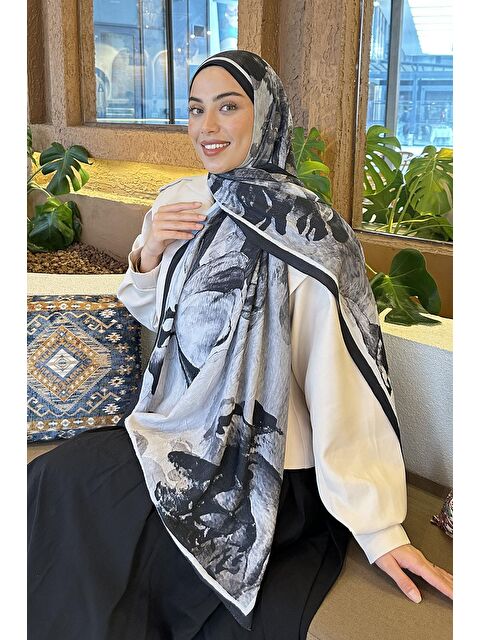 Lamelif Floral Desen Bambu Şal Siyah - S000529582-19351