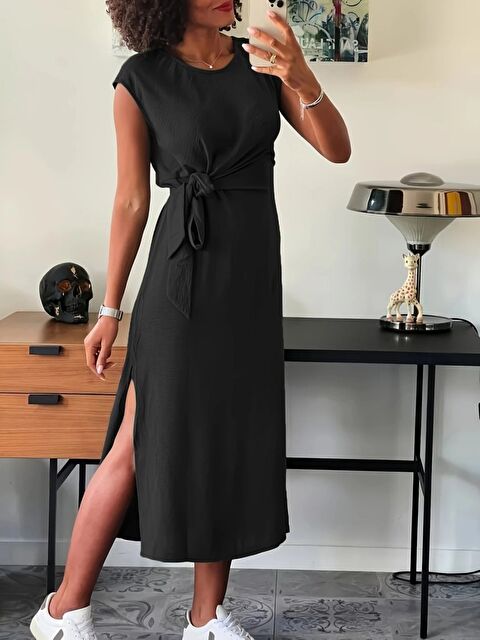 Jane's Kadın Kısa Kollu Yuvarlak Yaka Belden Bağcıklı önden Yırtmaçlı Aerobin Elbise - S000527885-19351