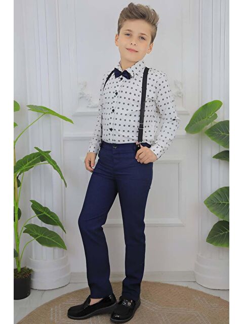 Riccotarz Erkek Çocuk Desenli Gömlek, Papyon ve Askılı Lacivert Pantolon Alt Üst Takım - S000161027-21164