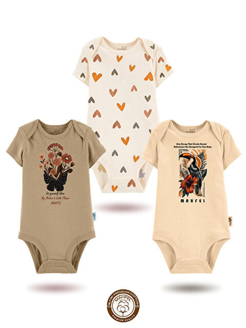 Mahfel 3'Lü %100 Pamuklu Organik Baskılı Kısa Kollu Çıtçıtlı Bebek Body Zıbın 866-816