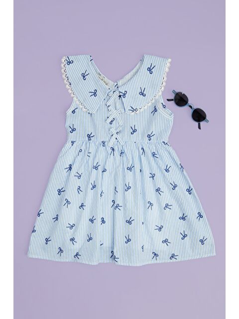 Fullamoda Fiyonklu Çizgili Dantelli Bebe Yaka Kız Çocuk Elbise