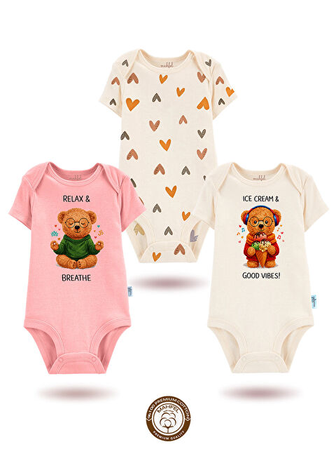 Mahfel 3'Lü %100 Pamuklu Organik Baskılı Kısa Kollu Çıtçıtlı Bebek Body Zıbın 874-873