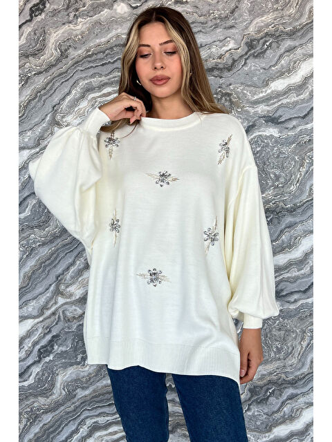 Gülseli Kadın Bisiklet Yaka Taşlı Salaş Triko Kazak - S000289601-19966