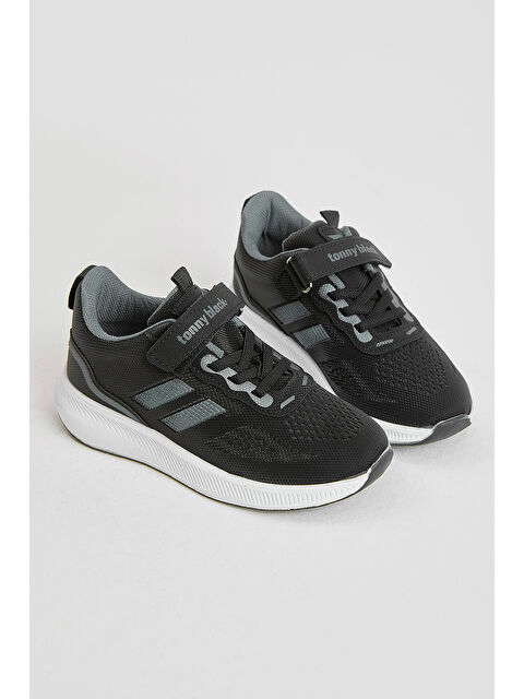 TONNY BLACK Çocuk Unisex Siyah Füme Eva Taban Yanı Şeritli File Detaylı Cırtlı Spor Ayakkabı - S000493925-37491