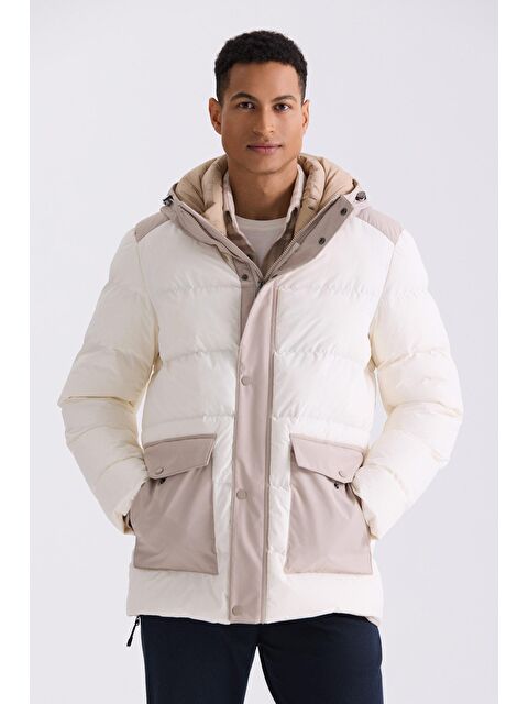 JAKAMEN Ekru Comfort Fit Kapüşonlu Cepli Şişme Mont - S000496589-19965