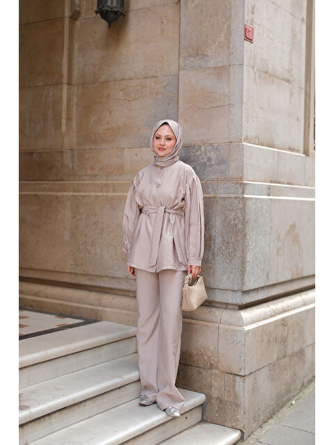 Locco Moda Kadın Pile Detaylı Kuşaklı İkili Takım Pudra - S000358488-19966