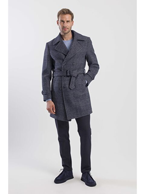 JAKAMEN Lacivert Slim Fit Gemici Yaka Ekoseli Yünlü Kaban - S000496594-21164