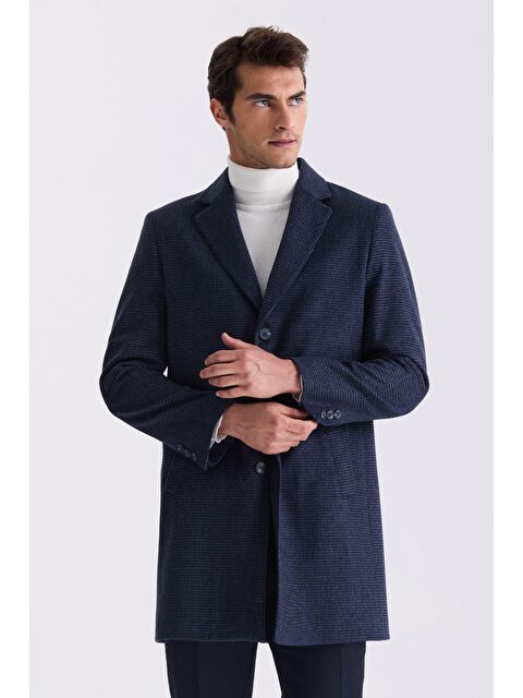 JAKAMEN Lacivert Comfort Fit Mono Yaka Desenli Kareli Kaşe Kaban - S000496595-21164