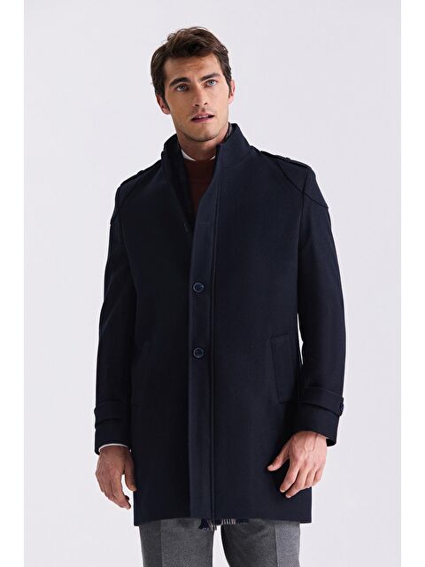 JAKAMEN Koyu Lacivert Regular Fit Hakim Yaka Apoletli Yünlü Kaşe Kaban - S000496597-29672