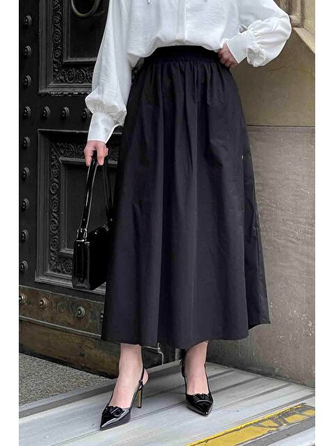 Lamelif Cep Detaylı Kloş Keten Etek Siyah - S000517833-19351