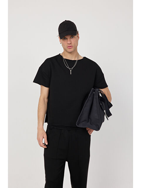 gothamVibes Erkek Blank Boxy Siyah Tişört