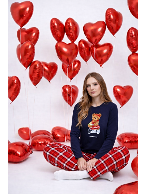 Koza İç Giyim Kadın Pamuklu Ayıcık Baskılı Ekose Desenli Pijama Takımı - S000514502-37349