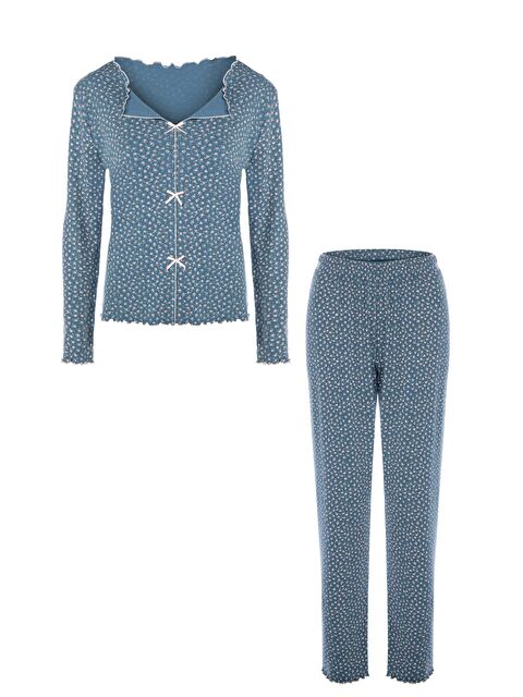 Koza İç Giyim Kadın Pamuklu Çıtır Çiçek Desenli Baby Overloklu Fiyonk Detaylı Uzun Kollu Pijama Takımı - S000514506-1344