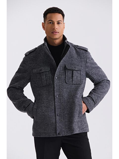 JAKAMEN Antrasit Slim Fit Hakim Yaka Apoletli Desenli Spor Kaşe Kaban - S000496600-29666