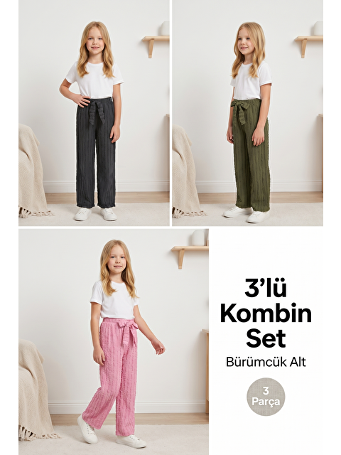 Harika Kids Kız Çocuk Bürümcük Kumaş Bol Paça Rahat Model Tek Alt (3'lü Paket)