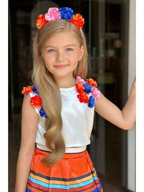 Riccotarz Kız Çocuk Sıfır Kol Üzeri 3D Gül İşlemeli Bluz Renkli Şerit Detaylı Mavi Etekli Takım - S000161026-17234