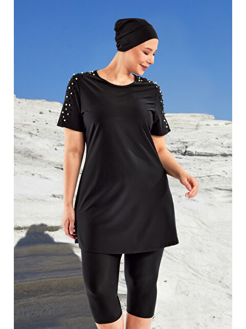 Adasea UV Korumalı Büyük Beden Yarı Kapalı Tesettür Mayo 1805 Siyah - S000377732-19351