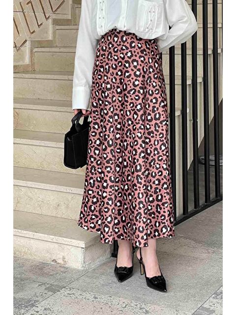 Lamelif Saten Pamuklu Leopar Etek Gül