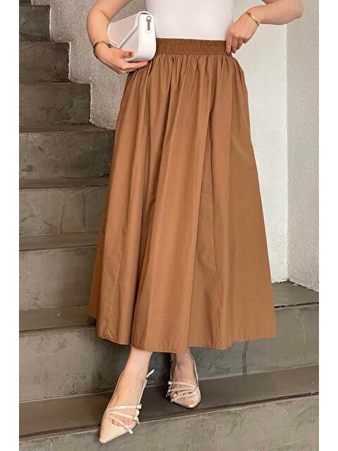 Lamelif Cep Detaylı Kloş Keten Etek Soft Kahve - S000517833-4280