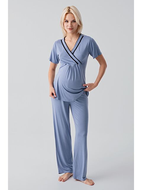 Artış Kısa Kollu Emzirme Bölmeli Ayarlanabilir Bel Esnek Viskoz Hamile Pijama Takım 19217 - S000514513-23093
