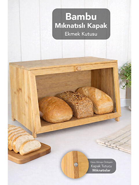 Meleni Home Mıknatıs Kapaklı Bambu Ekmek Kutusu