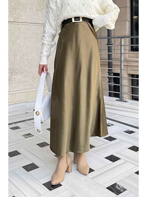 Lamelif Düz Saten Çan Etek Haki