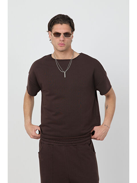 gothamVibes Erkek Blank Boxy Kahverengi Tişört