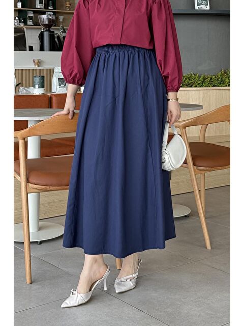 Lamelif Cep Detaylı Keten Etek Lacivert